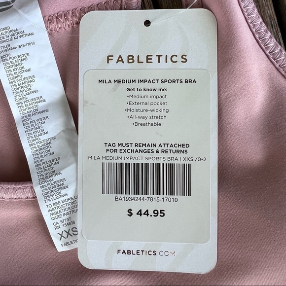 Fabletics Mila Sports Bra Pink XXS NWT Medium Impact Pocket - Picture 9 of 10